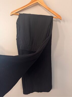 Evereve Black Crinkle Wide Leg Pull-On Pants Cotton S